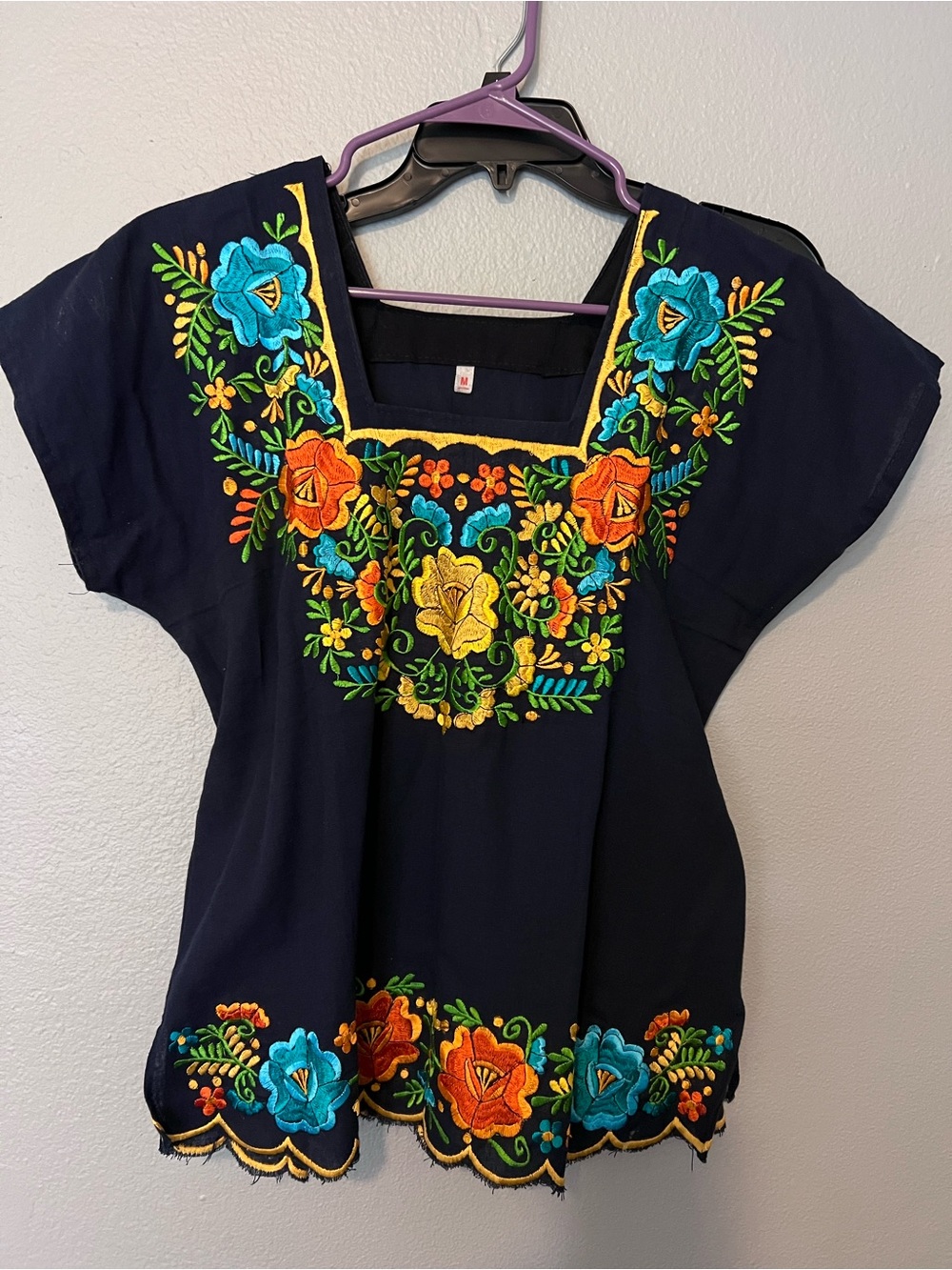 Navy Embroidered Floral Square-Neck Women's Blouse